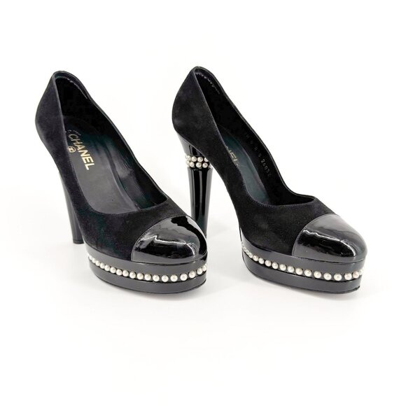 Chanel Platform Pearl Pumps EU 41 US 10-10.5 Black Suede Leather Cap Toe Heel - Picture 1 of 12